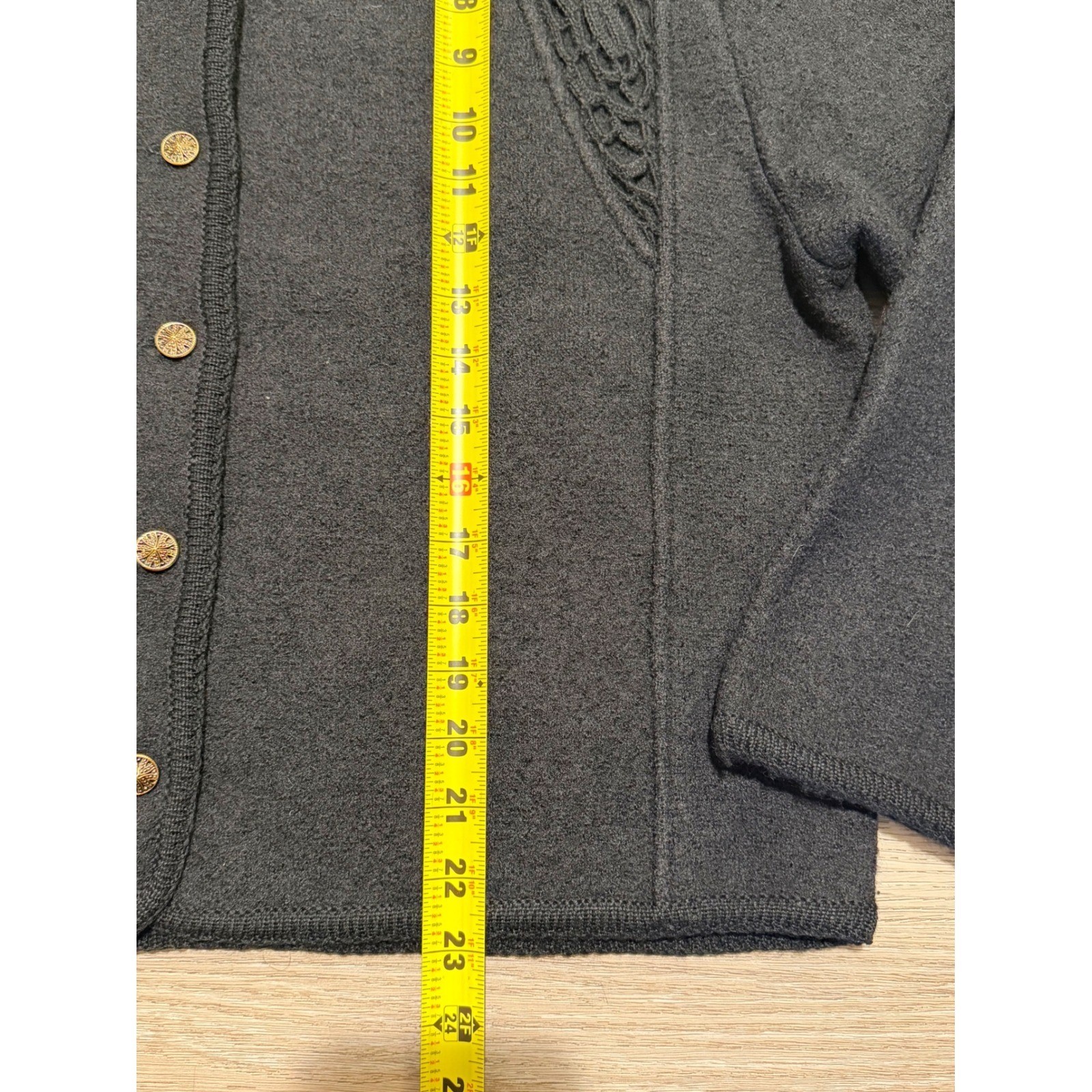 Carroll Reed Vintage 100% Wool Black Cardigan Crochet Detail Gold Button XL