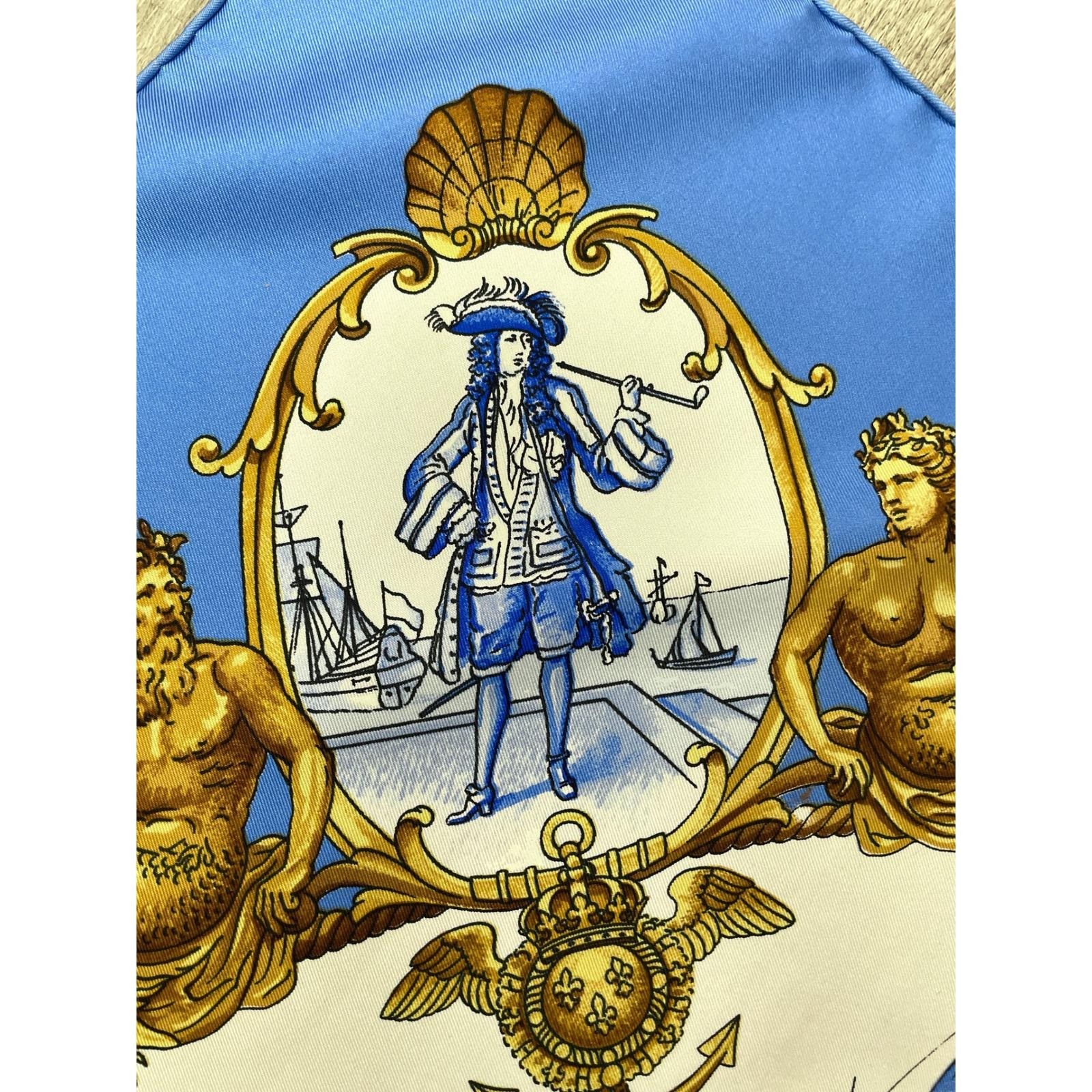 Hermes Silhovettes Navales Silk Scarf Blue Philippe Ledoux Nautical 35in Square