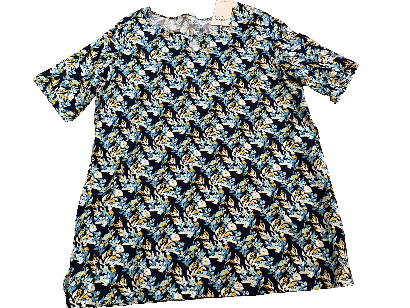 Kim Rogers women size XXL short sleeve blue floral cotton knit NWT top