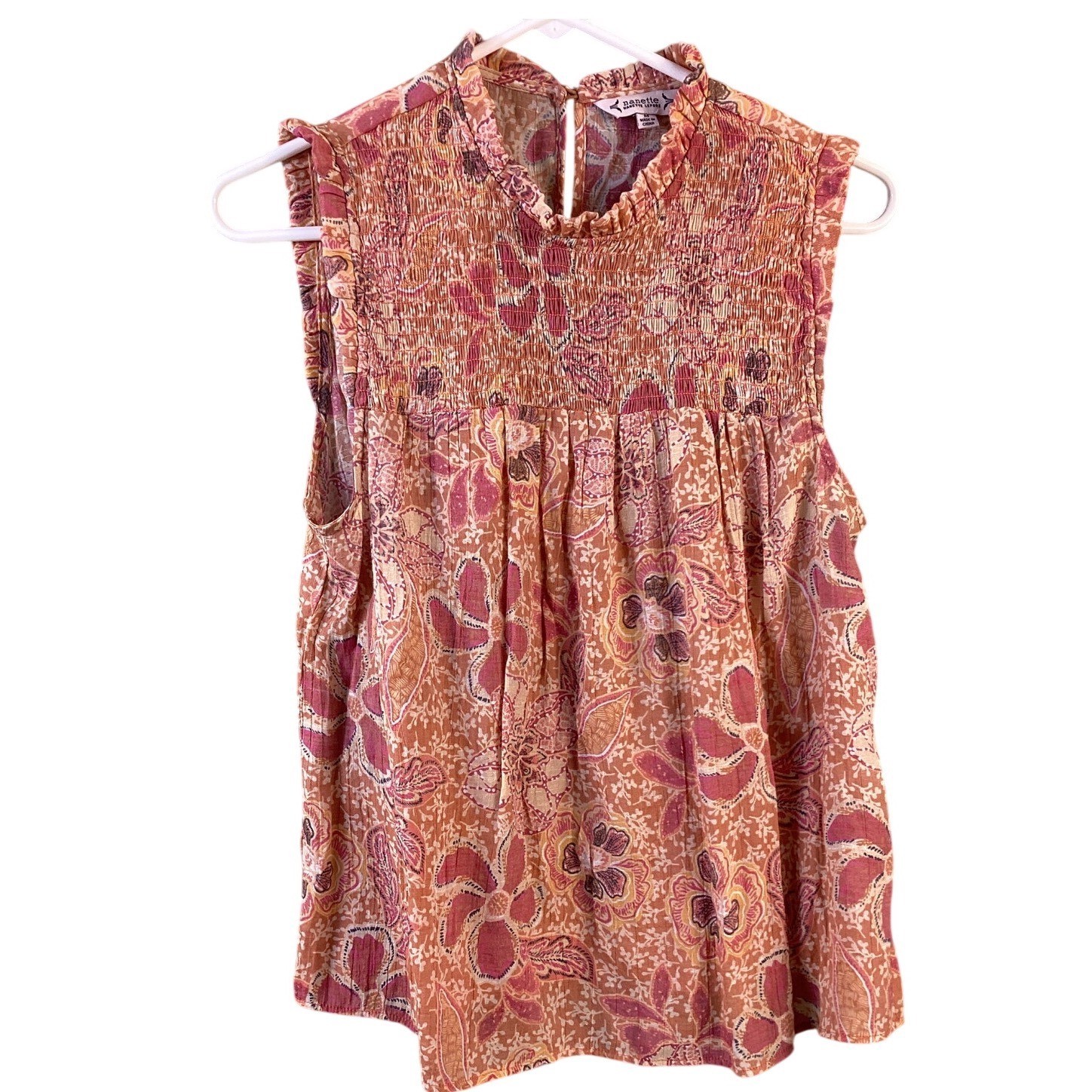 Nanette Lepore Womens Medium Orange Floral Smocked High Neck Sleeveless Blouse