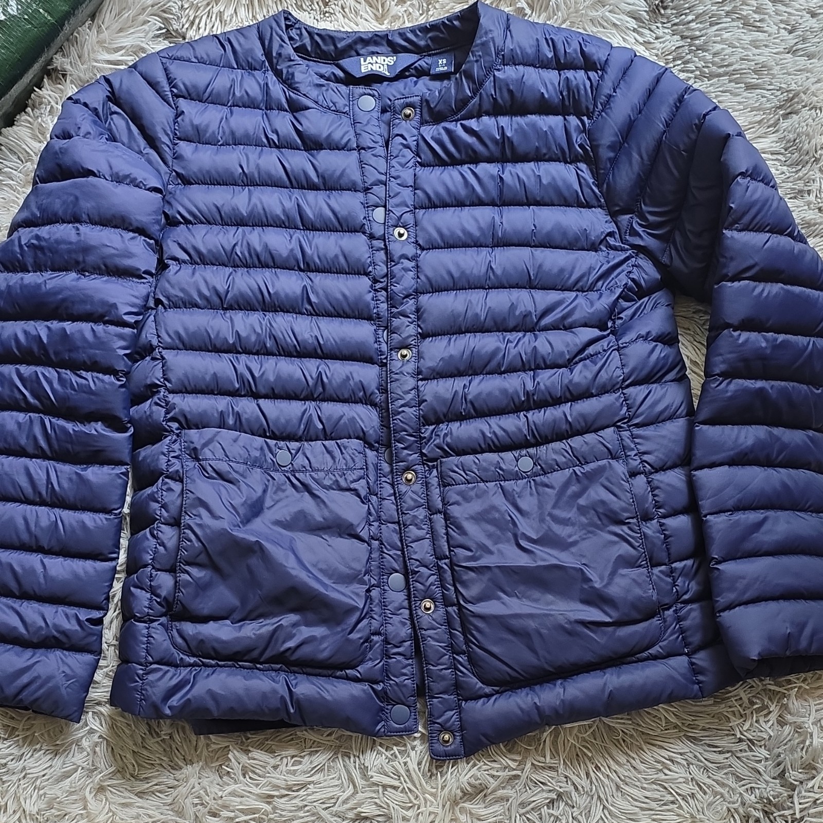 Lands’ End Quilted Puffer Jacket Women’s Navy Blue Snap Full Zip Outdoor – Small