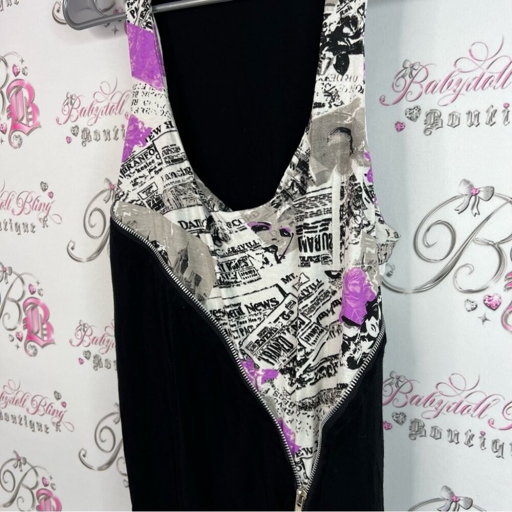 Ae city tank top newspaper print news Black and Purple Graphic Dress with Zipper