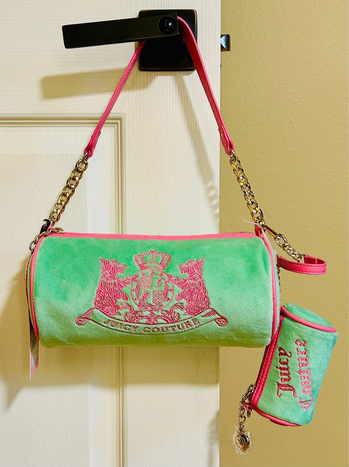 JUICY COUTURE Retro GREEN Pink SCOTTIE DOGS Velour BARREL Bag & Mini POUCH NWT