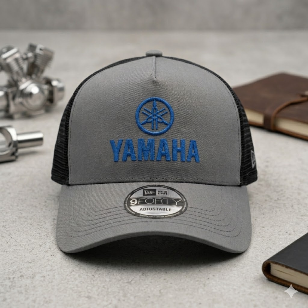 Yamaha Logo 2D Flat Embroidered Trucker Hat Grey Black Mesh Cap Adjustable