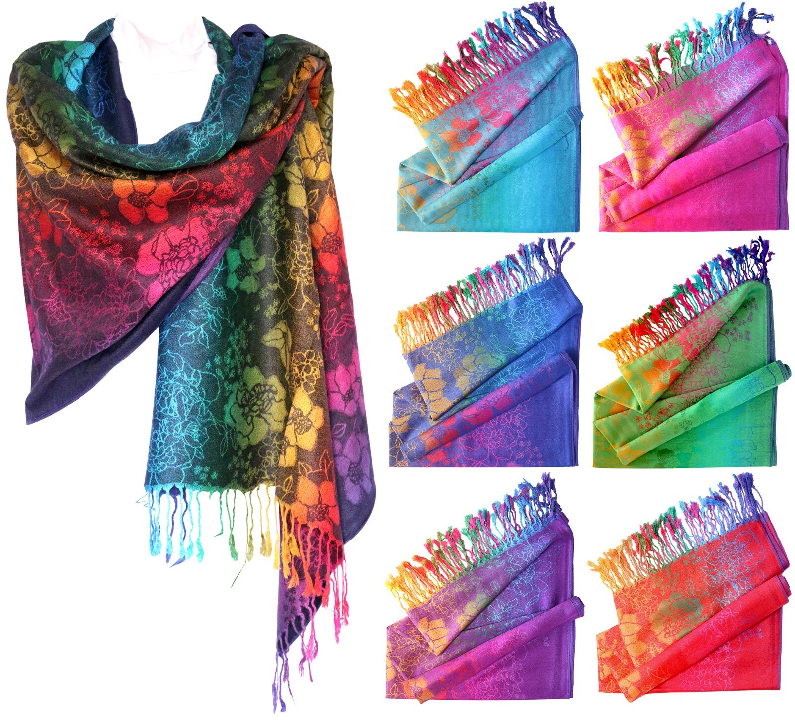 Flower Print Ethnic Colorful Soft and Silky Pashmina Scarf Shawl Rainbow Wrap