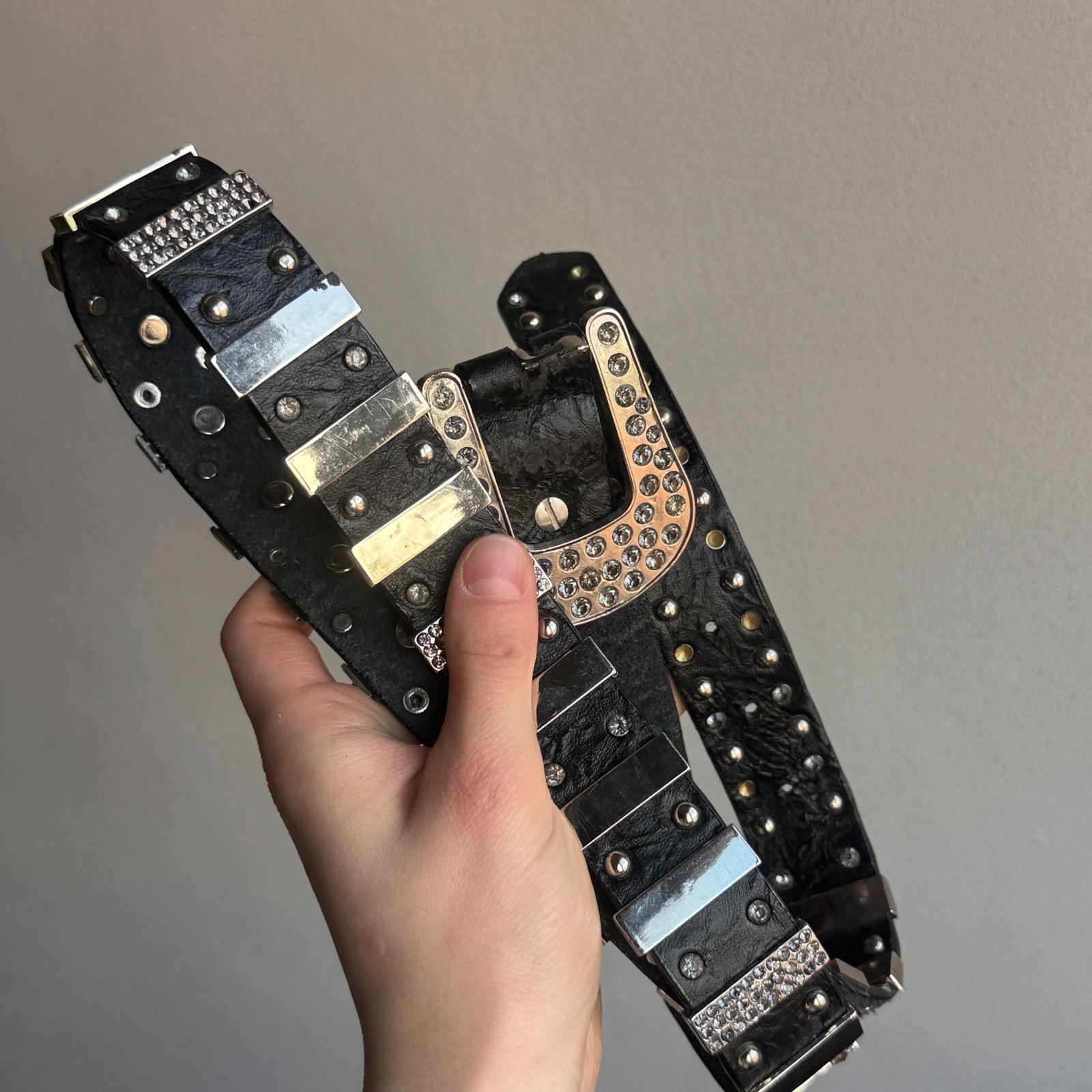 Y2K Black Studded Rhinestone Leather Belt Punk Goth Rockstar Heavy Hardware