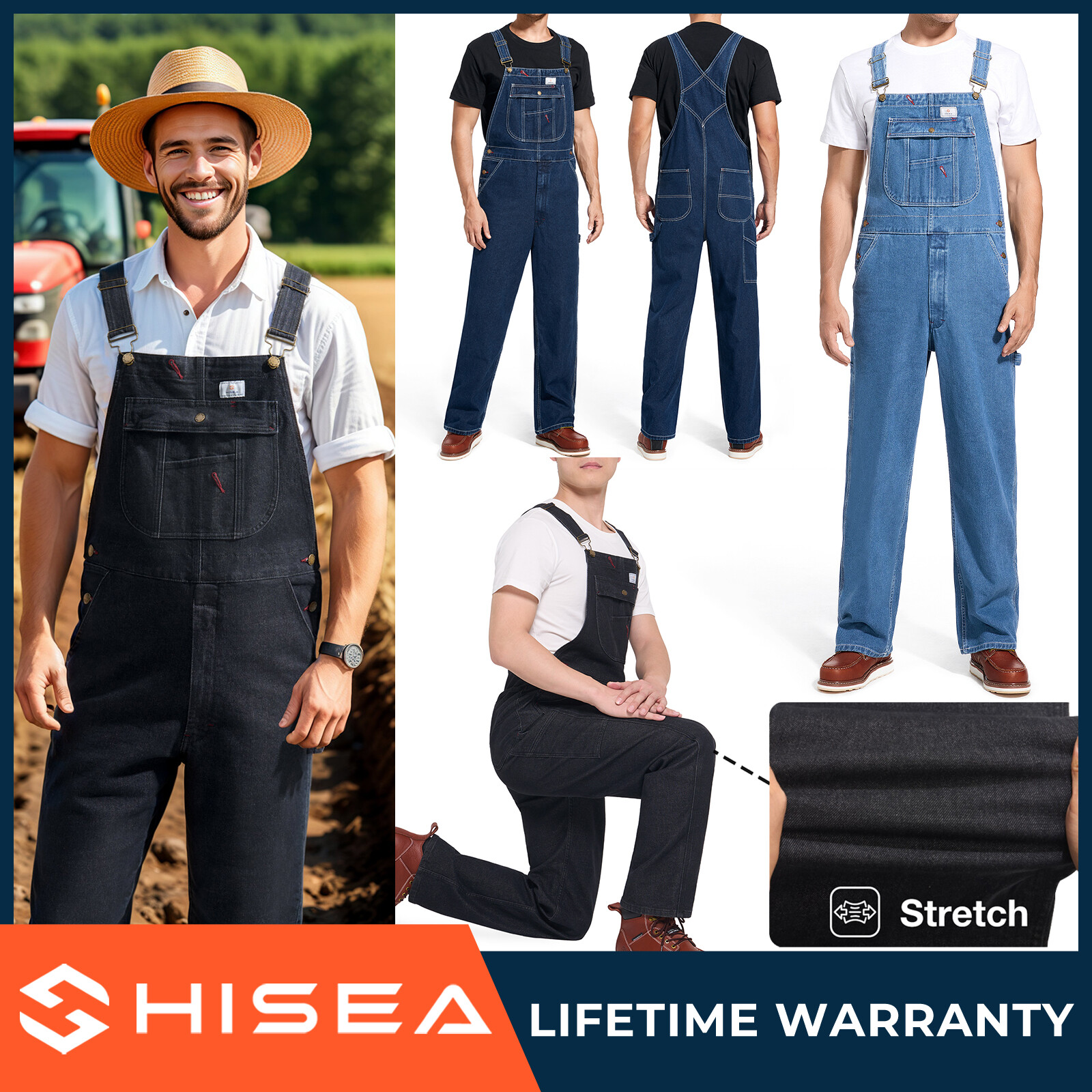 HISEA Men’s Bib Overalls Regular Fit Denim Dungarees Decorator Flex Workwear Zip