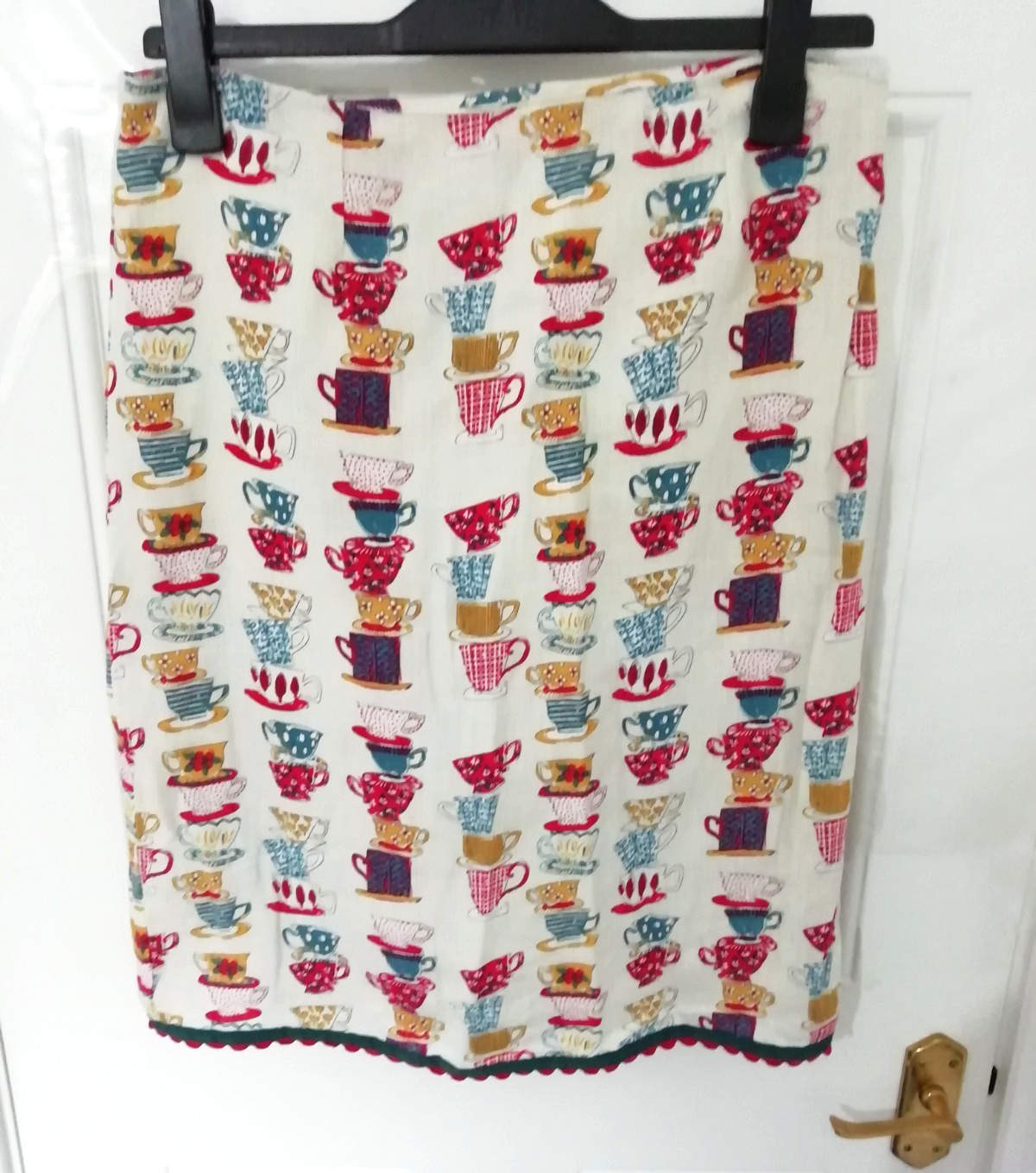 Mistral Size 12 Skirt Tea Cup Mug Saucer Print Beige Multi 100% Linen Mustard