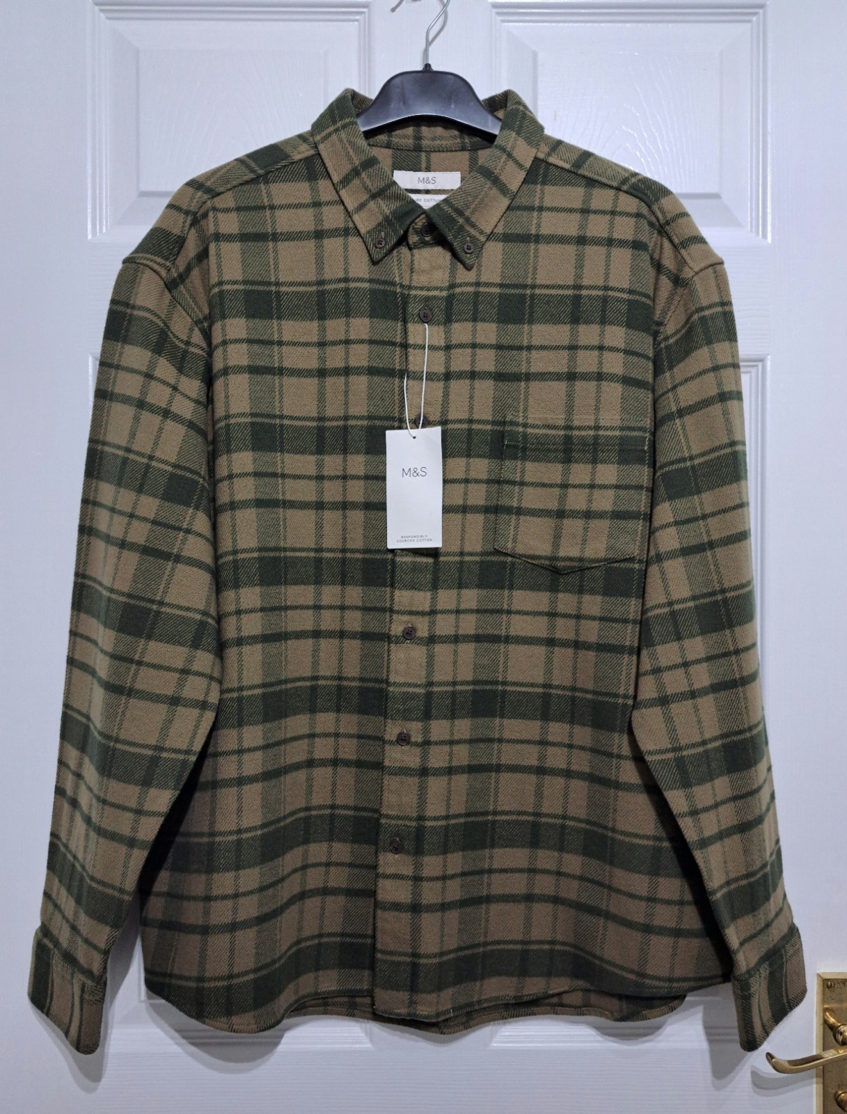 M&S Men’s Check Shirt Green Size XL Khaki Brushed Cotton 44-46″ Chest BNWT