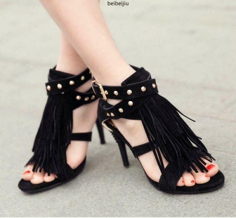 Tassels Rivet Gladiator Women’s Sandals Buckle Shoes Strap High Heel Roma Hot