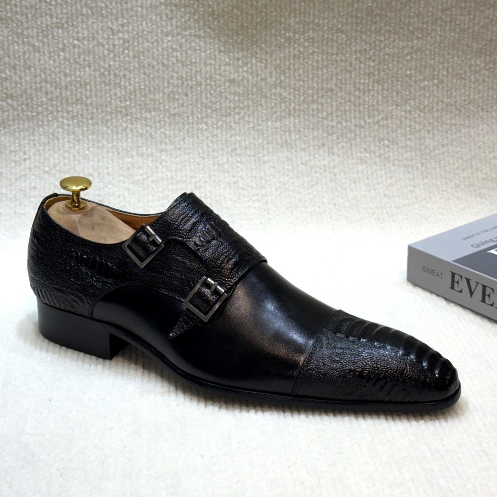 Real Leather Low Heel Pointy Toe Business Casual Mens Buckle Monk Shoes Oversize
