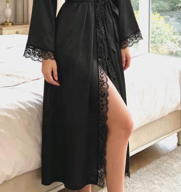 New Elegant Sexy Black Satin Long Sleeve Lace Accent Robe 4X NEW