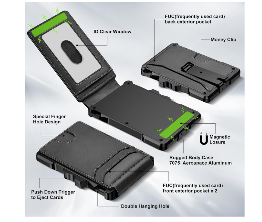 Minimalist Smart Wallet RFID Blocking Pop Up Card Holder Leather Money Clip Blac