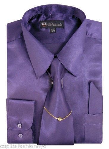 Men’s Shiny Satin Polyester Formal Dress Shirt w/ Tie and Hanky Set #08 Solid