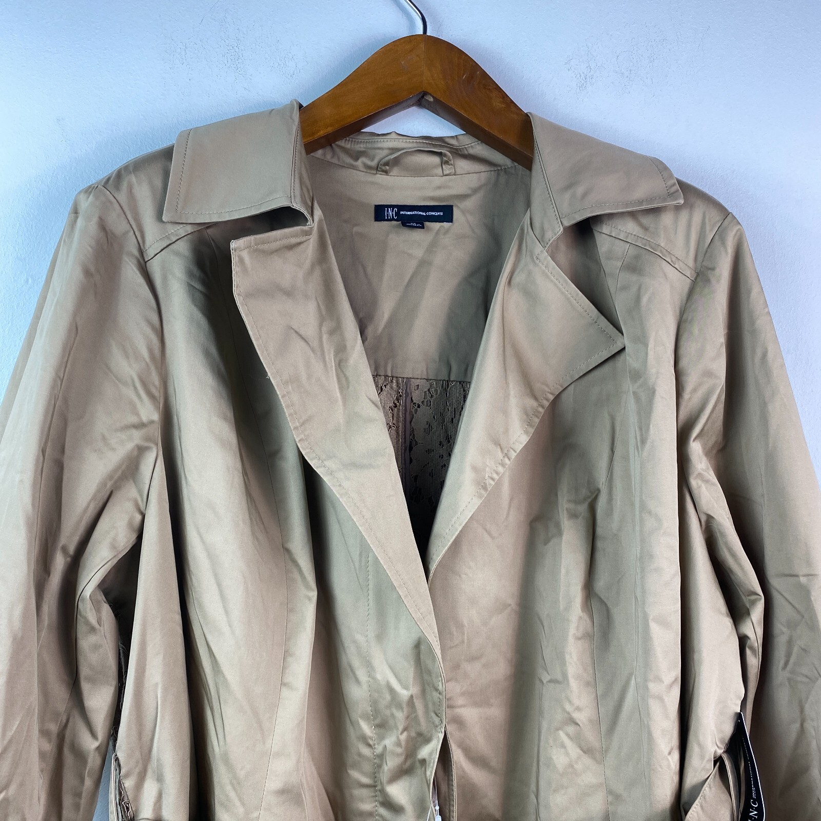INC Womens Plus 0X Doe Tan Lightweight Lace Back Spring Trench Coat NWT BD35