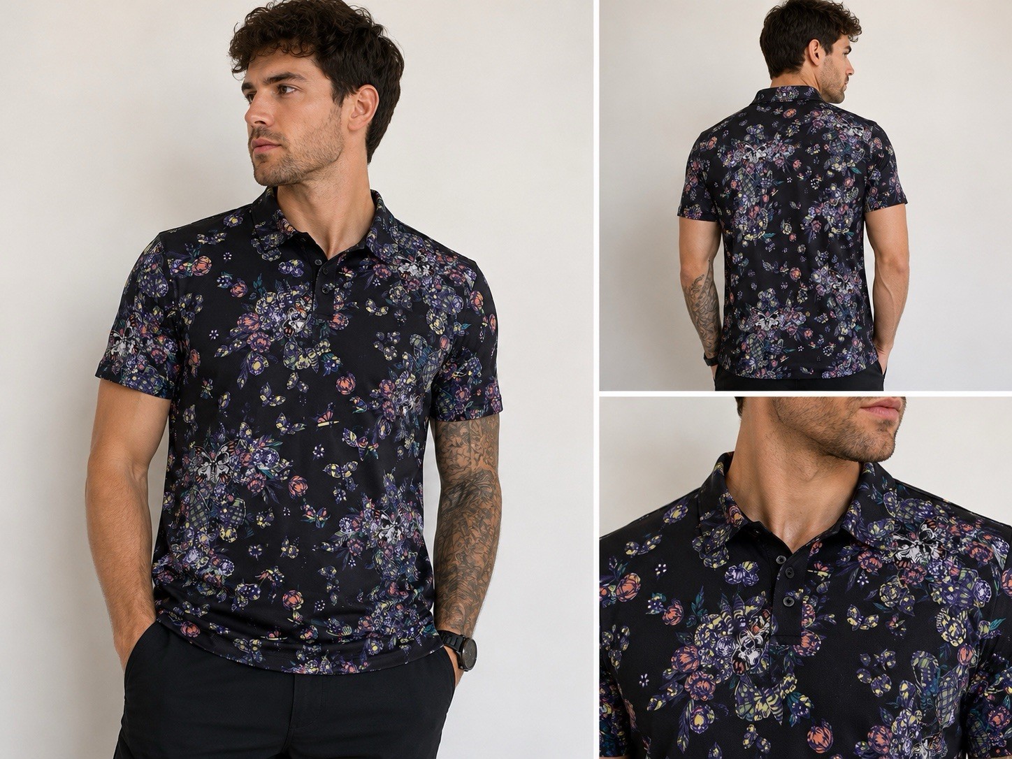 Grunt Style Men’s XL Golf Polo Floral Skull Butterfly Performance Stretch Shirt