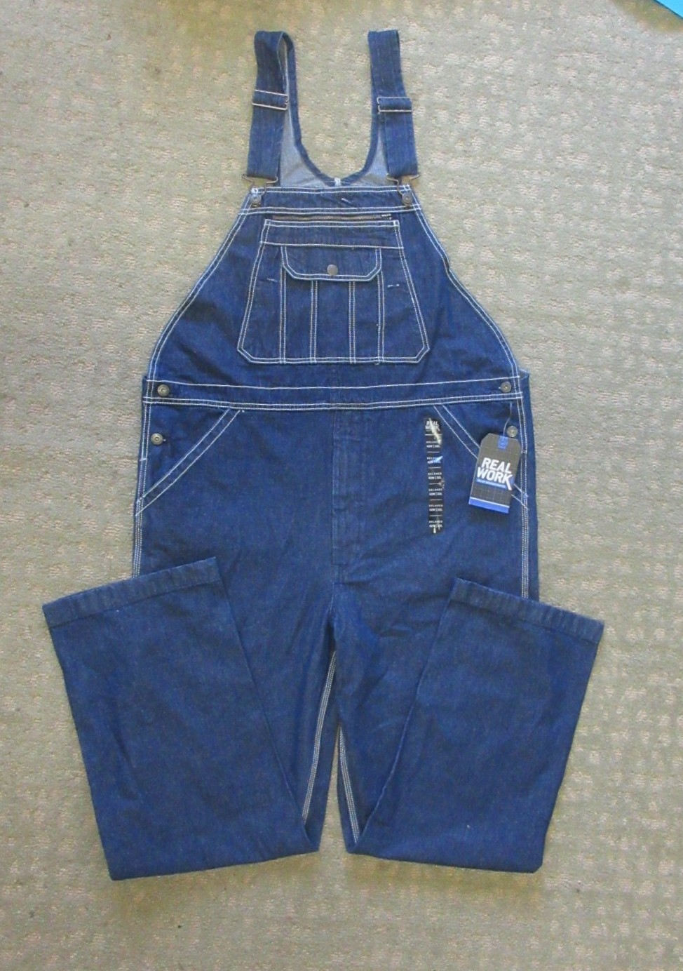 Real Work Men’s Denim Bib Overalls Carpenter Zip Fly Size 42×32 Relaxed Fit NWT