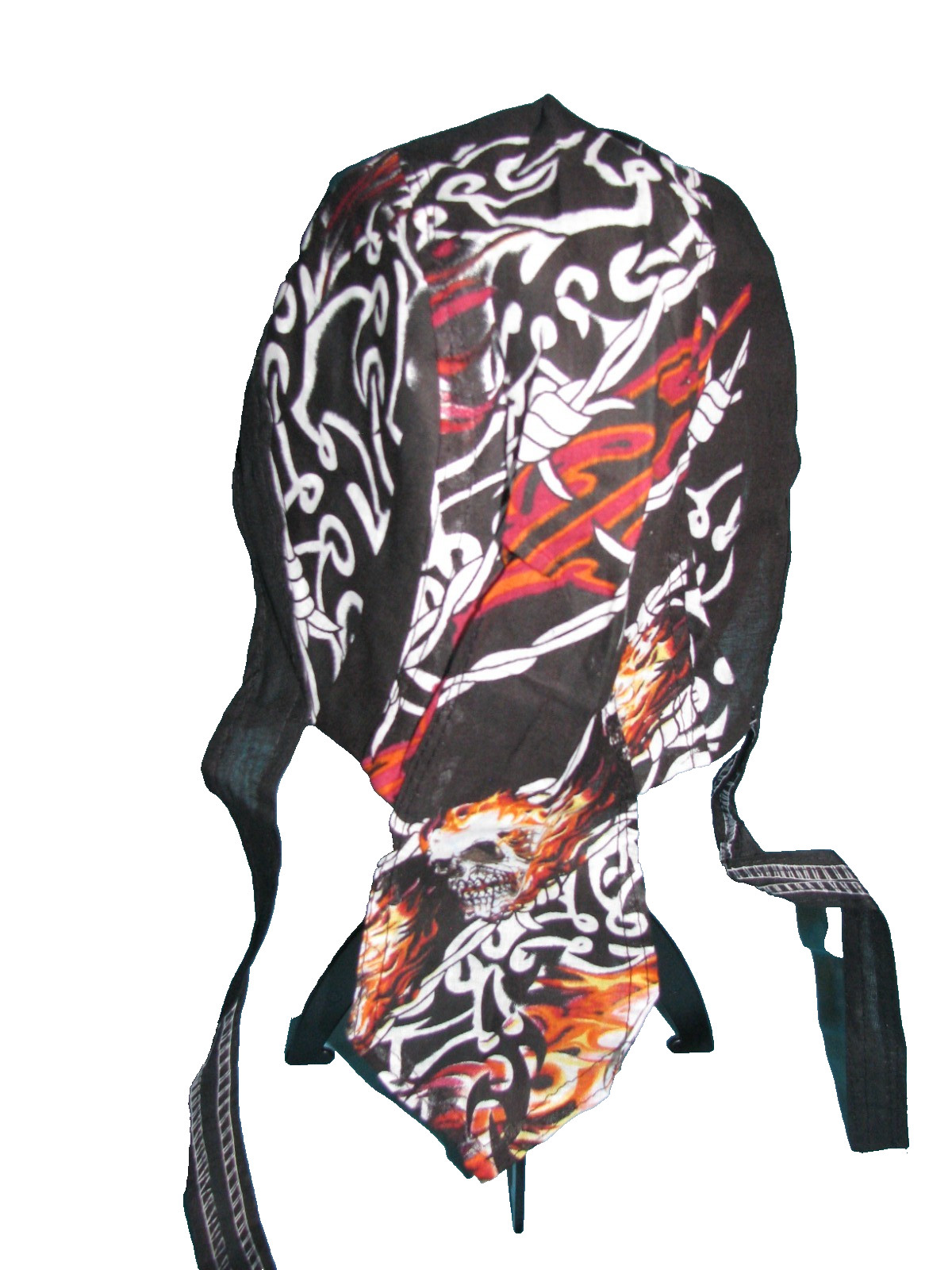 Motorcycle Wrap Biker Du Do Black w/flaming skulls Doo Rag Head Skull Cap Durag