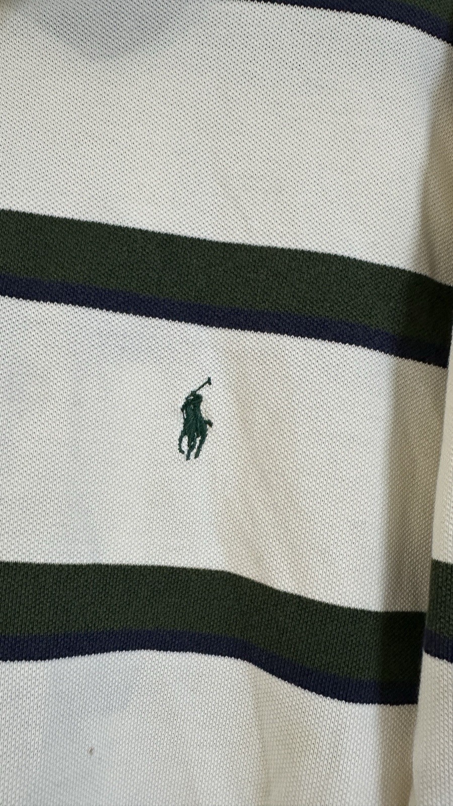 Men’s XL Striped Knit Polo Shirt White Green Blue Logo