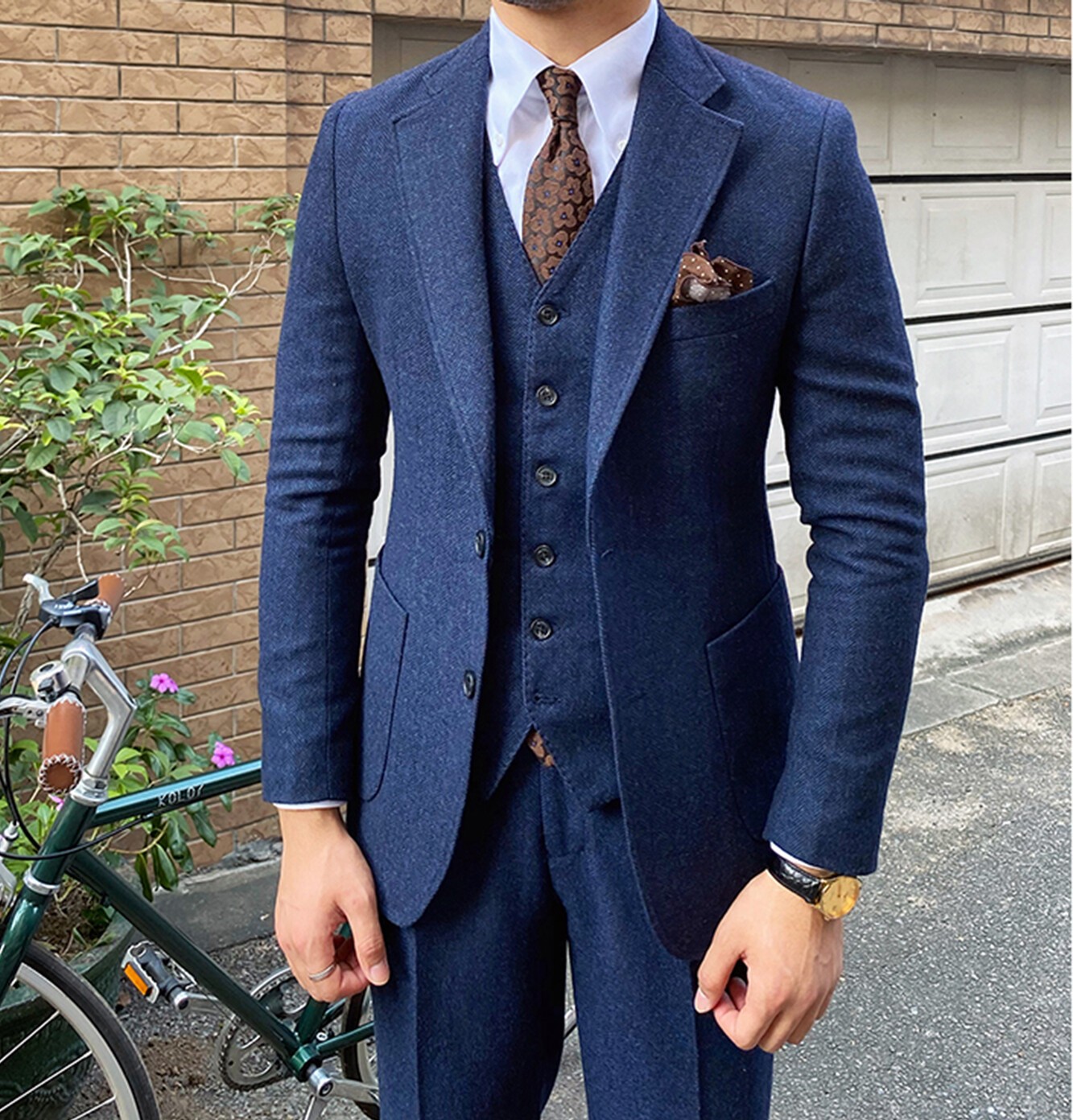 ANSHUHAI Men 3Pcs Suit Tweed Herringbone Wedding Formal Suit Blazer+Vest+pants