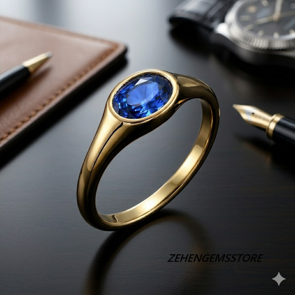 Lab created Men’s Blue Sapphire Ring Oval Cut Gold Plated Sterling Silver Ring
