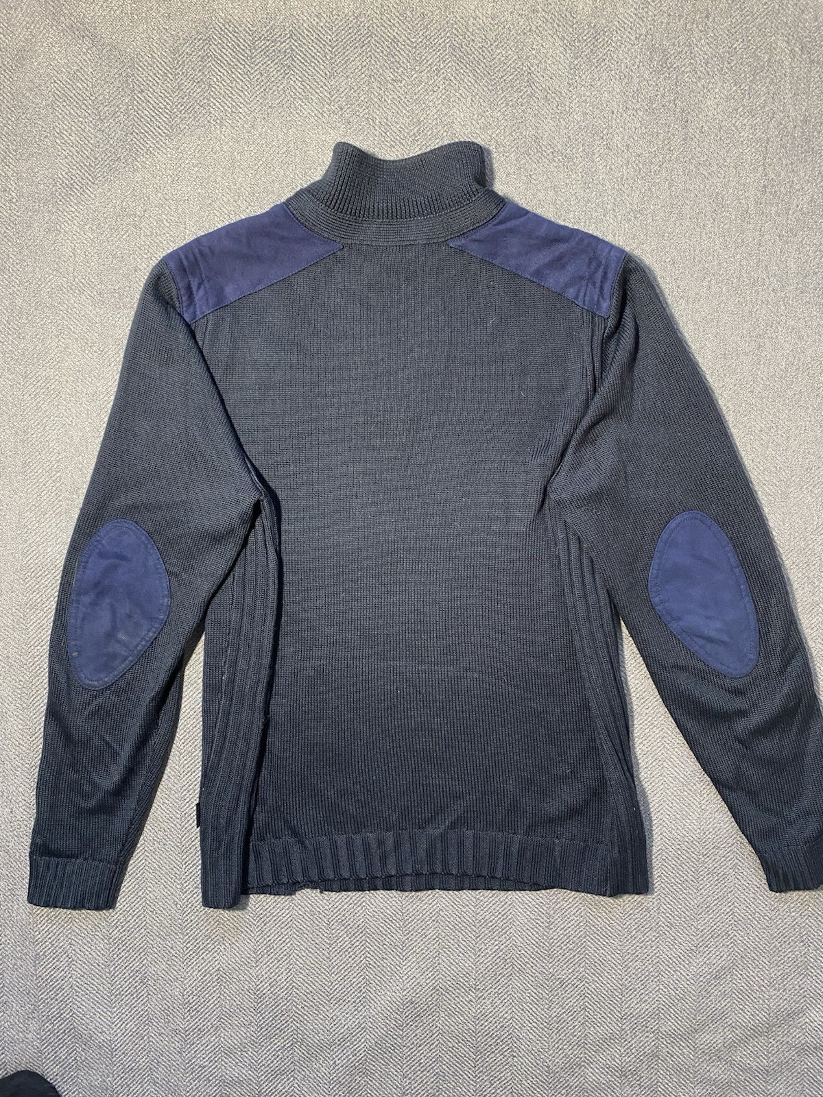 Hugo Boss Sweater Mens L Navy Quarter Zip Wool Elbow Patch Knit