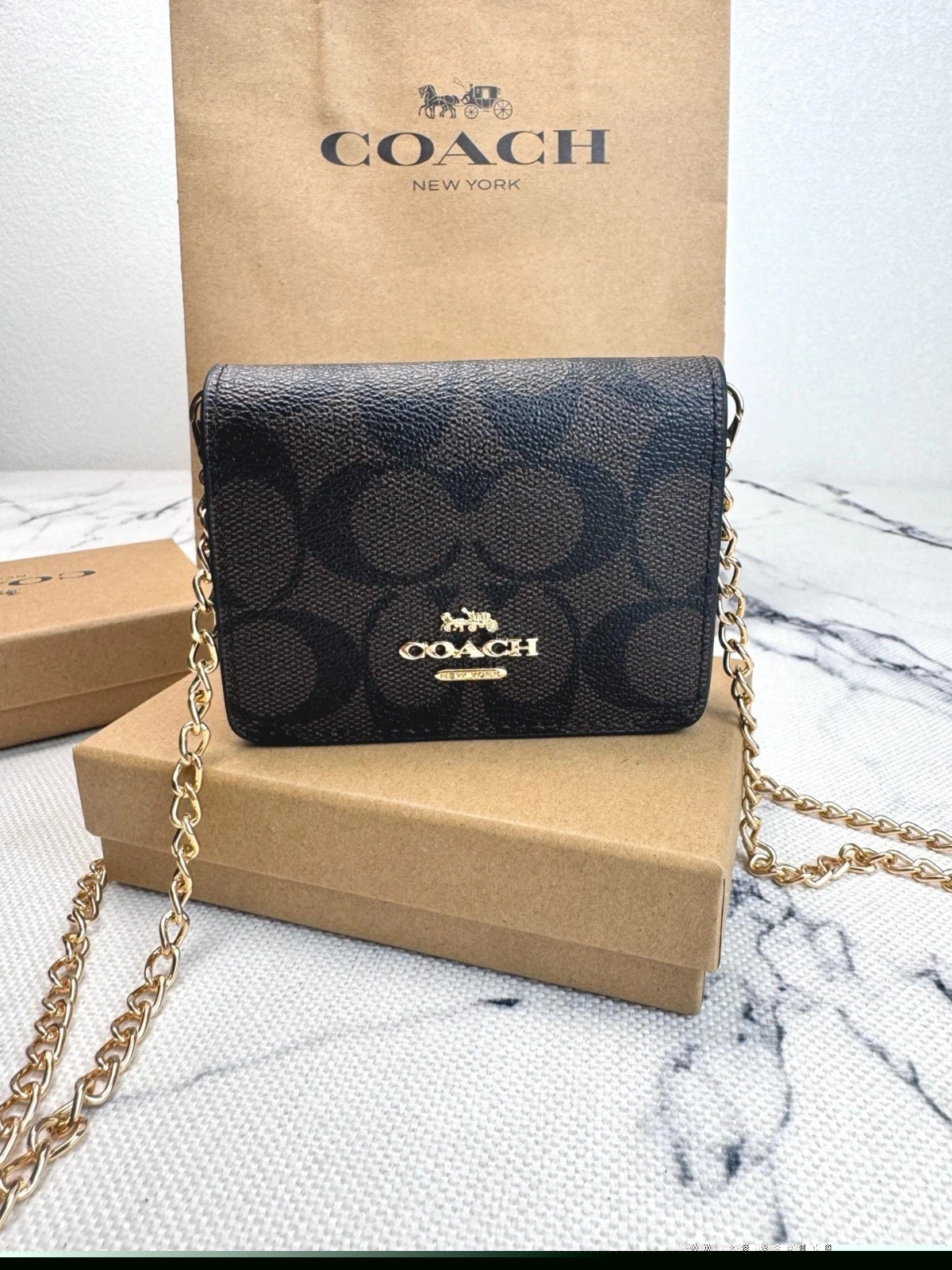NWT Coach Mini Wallet On A Chain Signature Canvas With Charms CZ278 NEW