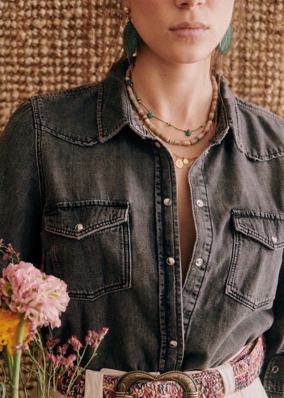 NWT Sezane Servanne Shirt in Bleached Black Chambray Snap Down Top 34 / US 2