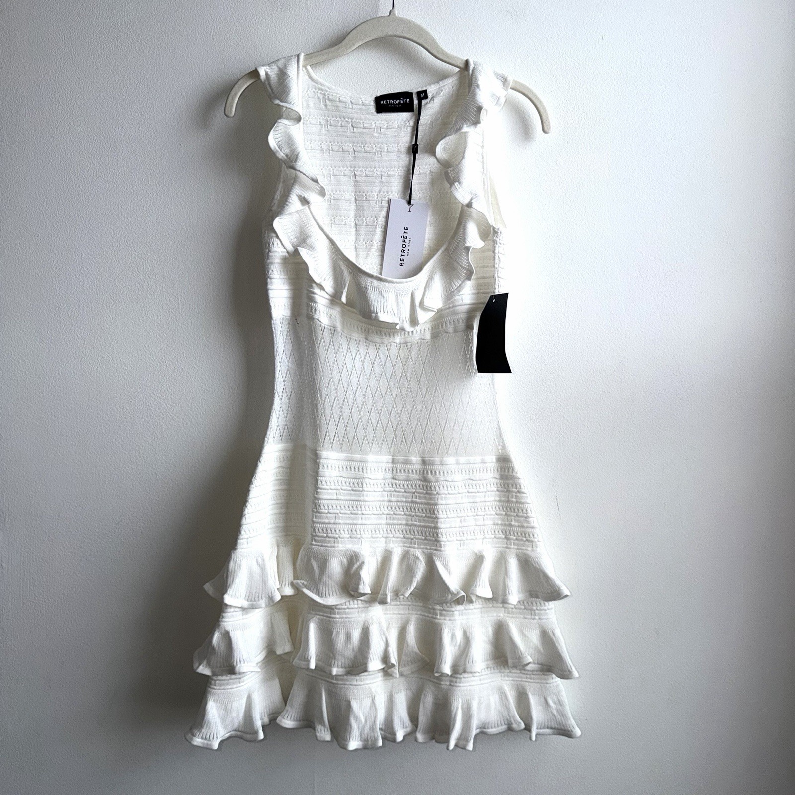 NWT Retrofete Costera Knit Dress Size Medium White Ruffle Mini Bridal Wedding