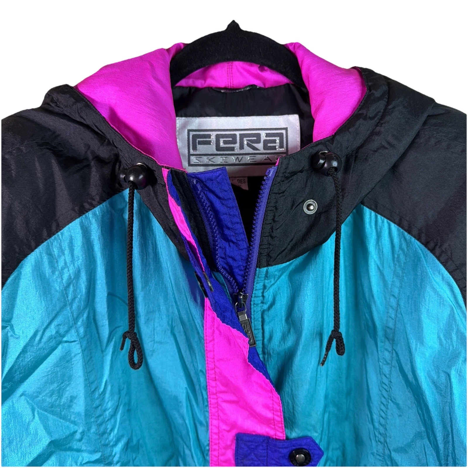 VTG FERA SKIWEAR Women’s Sz 16 Colorblock Zip Snap Pockets Hooded Jacket 90’s