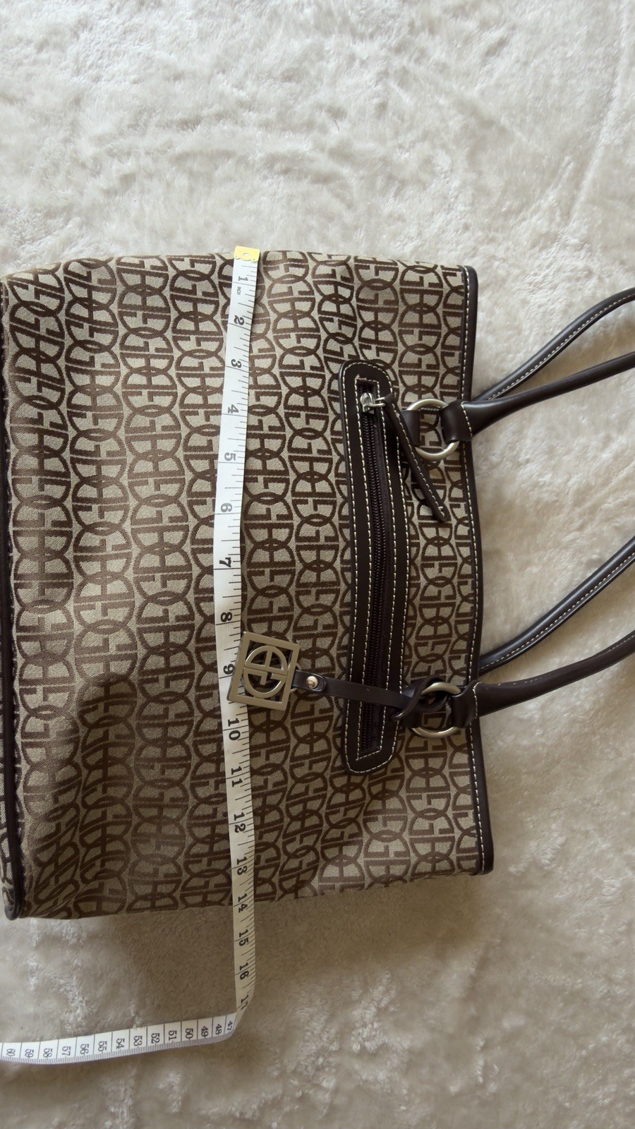 Giani Bernini Brown Monogram Large Tote Zip Top Front Zip Pocket Pouch Silver