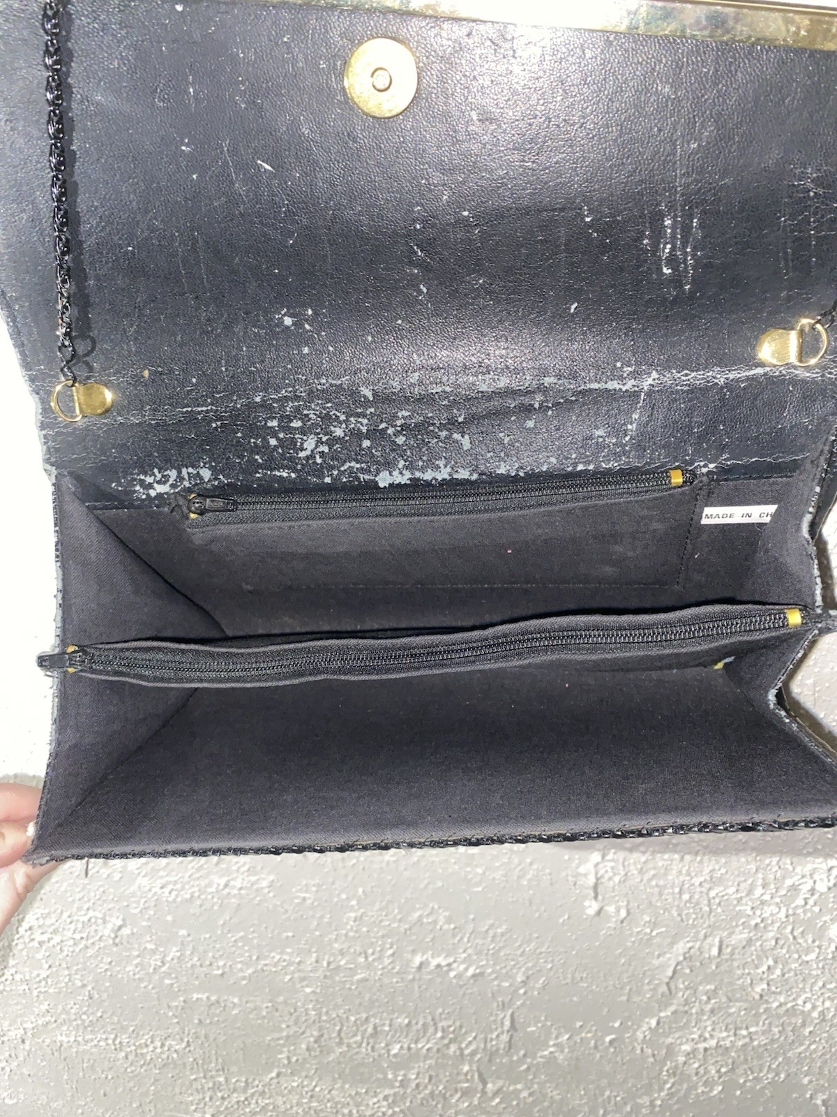 Black Mesh Chain Strap Shoulder Bag Purse, Gold Hardware, Snap, Zip Pocket