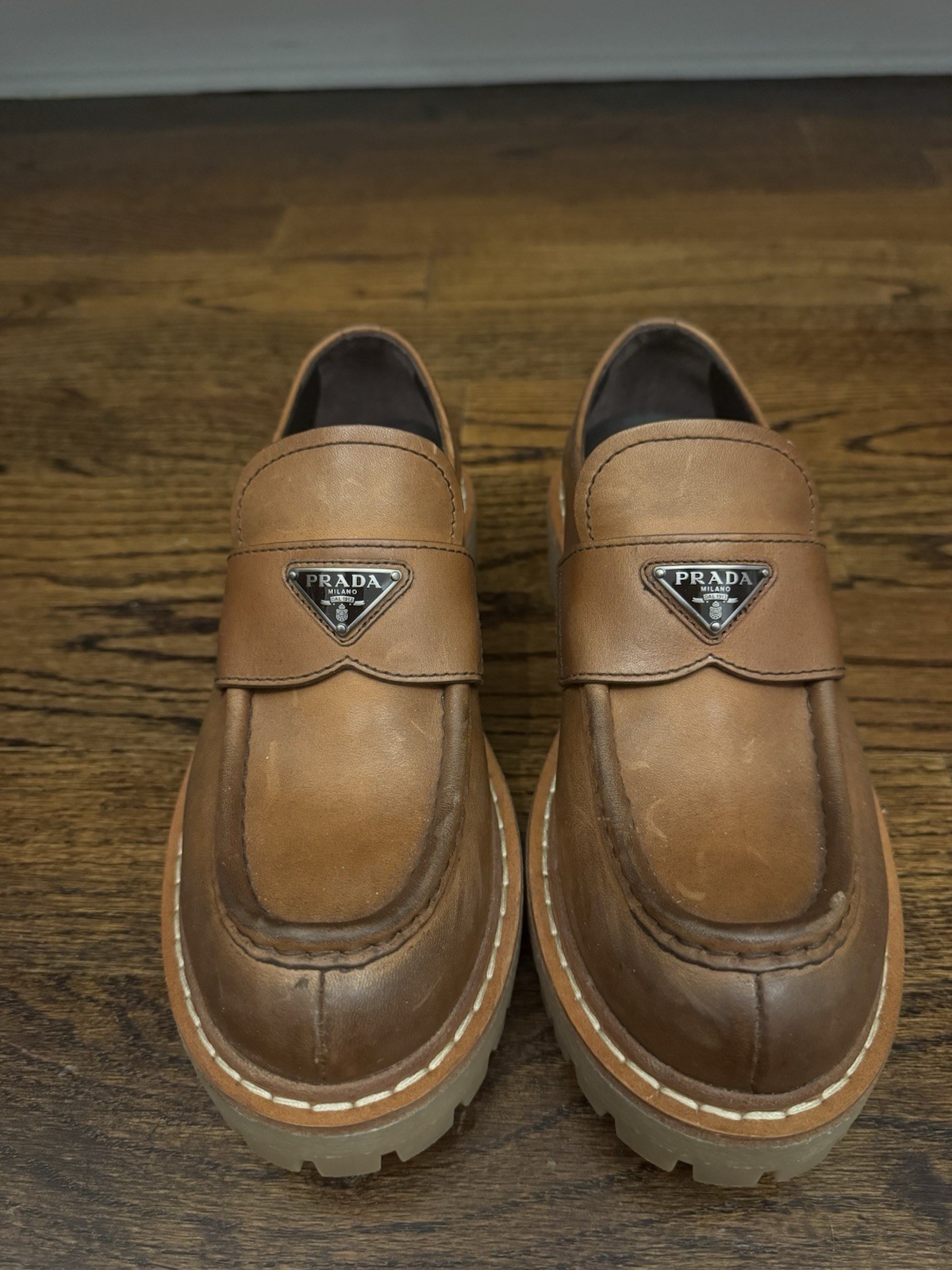 PRADA Brown Leather Slip-On Loafers Logo Round Toe EU 37 US 7