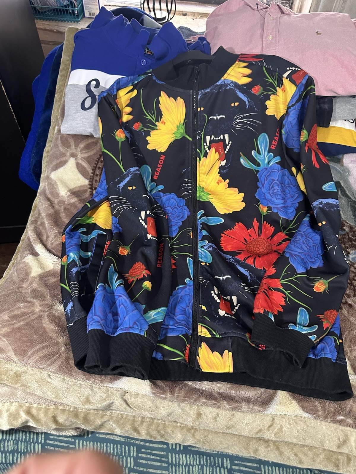 Reason Mens Black Floral Bomber Jacket Full Zip Logo Zipper Size L