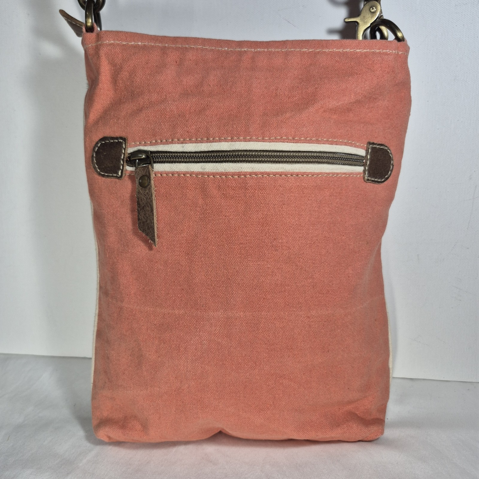 Clea Ray Upcycled Canvas Crossbody Bag Cowhide Handmade With Love Coral Adjust