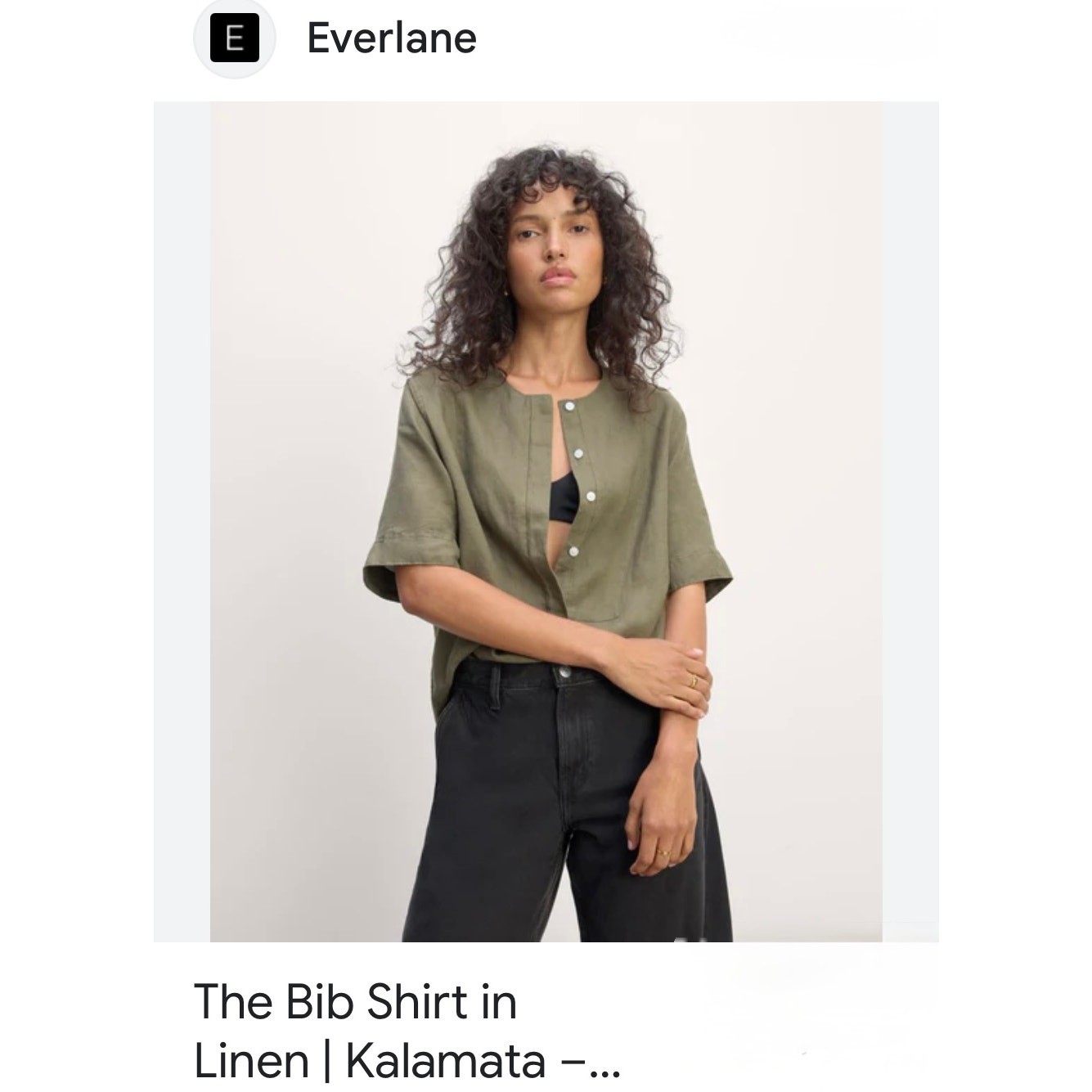 Everlane kalamata green women’s short-sleeve bib shirt made from linen.