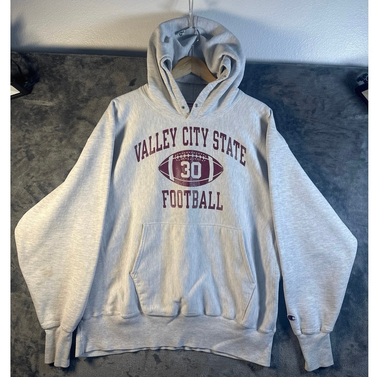 VTG 90s Champion Valley City State Football Reverse Weave Hoodie XXL Gray
