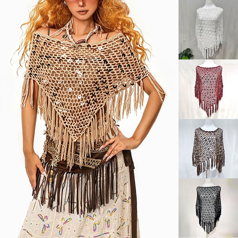 Boho Crochet Sequin Triangle Scarf Shawl Wrap Handmade Tassels for Women