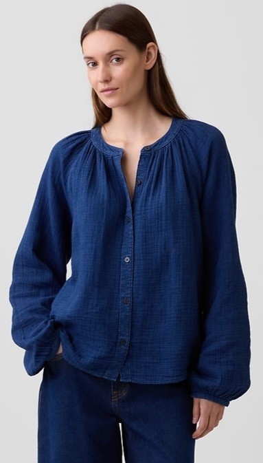 NWT Gap Oversized Gauze Top, Sz M, Long-Sleeve, Button-Front, Cotton, Boho