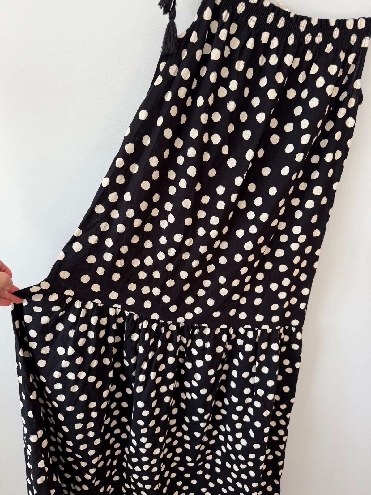 Next Black Beige Polka Dot Linen Cotton Midi Dress UK 10 Tassel Strap BNWT