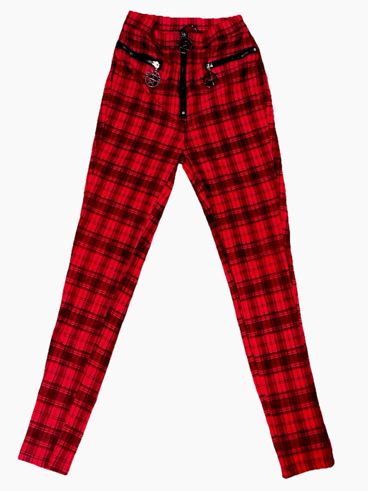 Banned Alternative Red Plaid Pants Gothic Punk Grunge Pentagram Zipper Skinny S