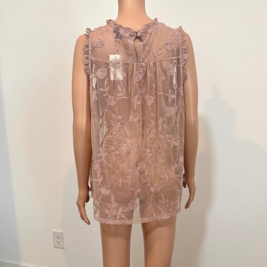 Torrid 00 embroidered mesh mock neck ruffle sheer top TB2 3557