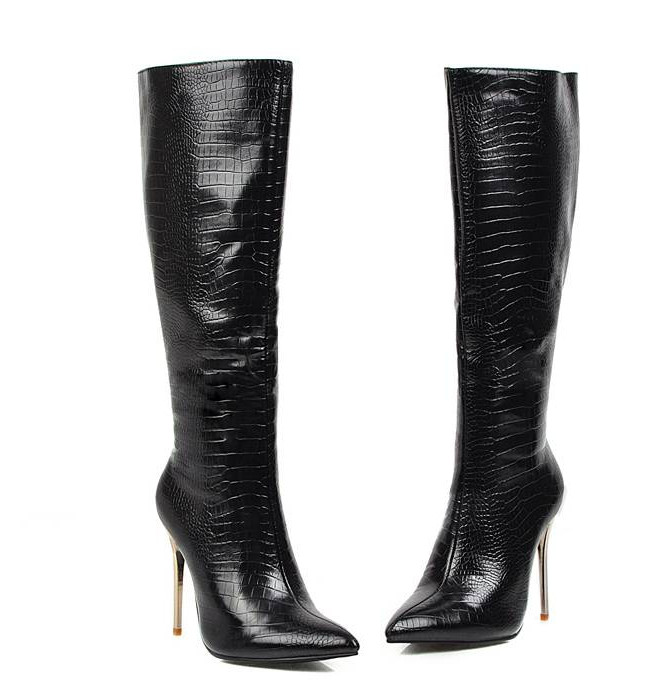 Plus Size Womens Pointy Toe Snake Pattern Stiletto Heels Knee High Boots Fashion