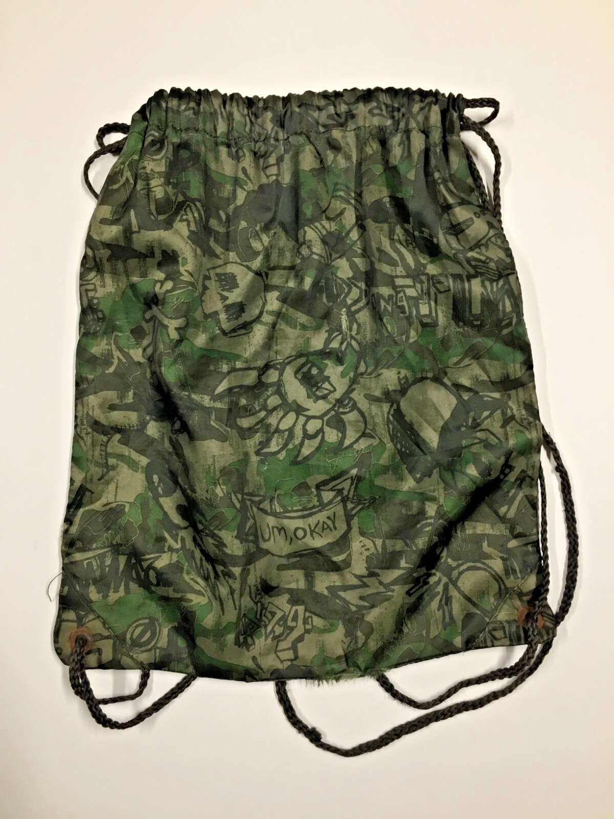 Old Navy Camouflaged Drawstring Bag Book Bag Backpack “Um, Okay” Written on Bag