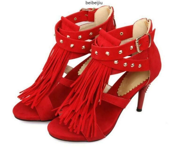 Tassels Rivet Gladiator Women’s Sandals Buckle Shoes Strap High Heel Roma Hot