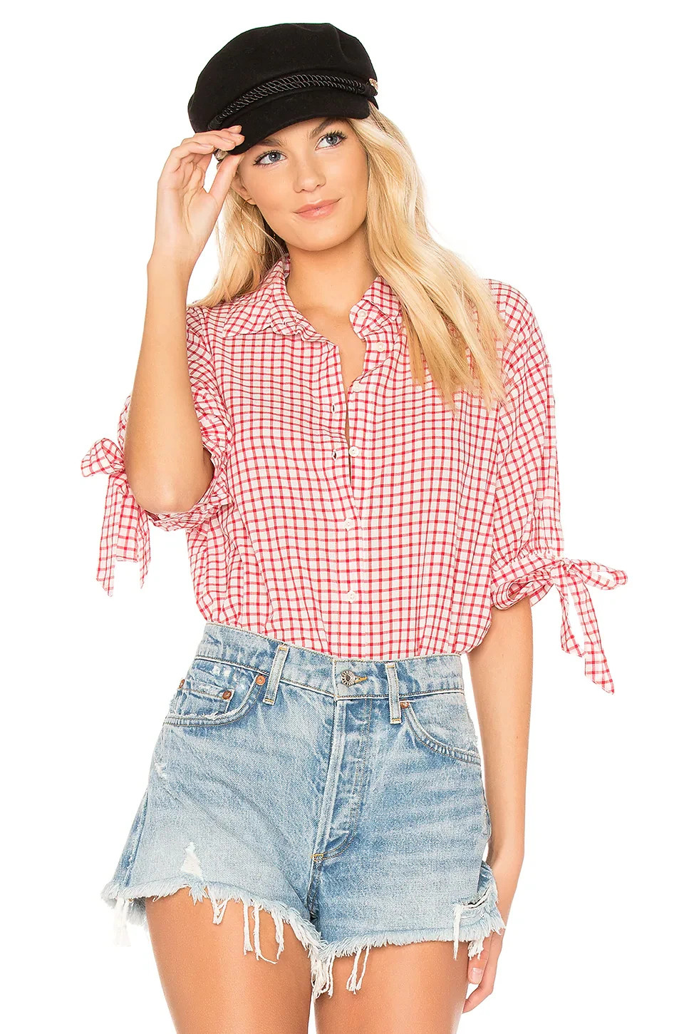 VELVET By Graham&Spencer Priya Tie Sleeve Gingham Button-Down Shirt Red $139 A10