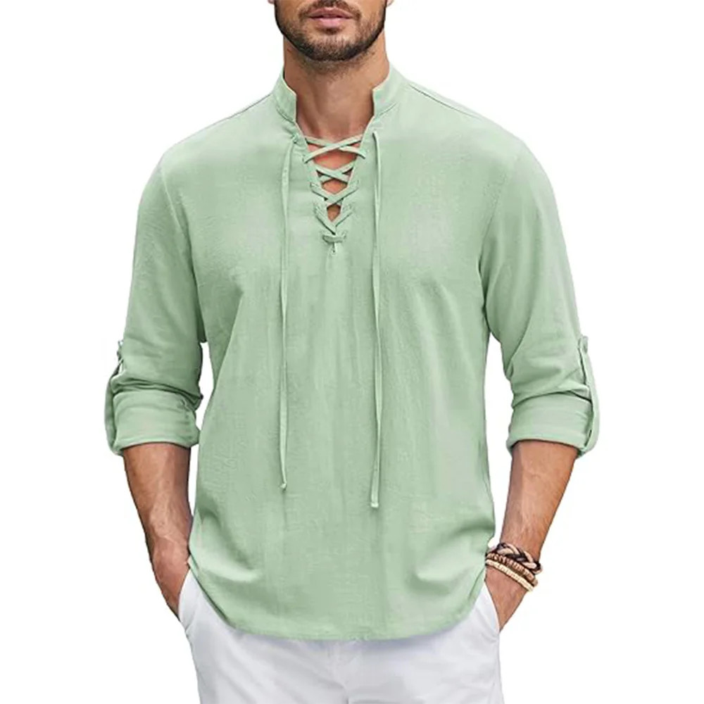 Men’s Renaissance Pirate Medieval Viking Cotton Linen Long Sleeve Shirt Summer