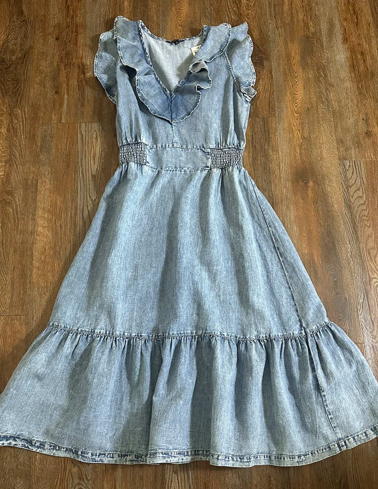 INC International Concepts Indigo Chambray Linen Blend Midi Dress Ruffle NWT 14