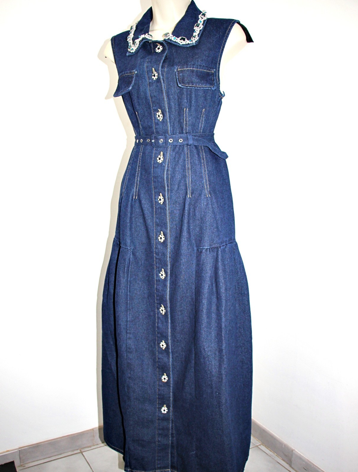 Dalia MacPhee Rhinestone Embellished Belted Tiered 56″ Long Denim Shirt Dress M
