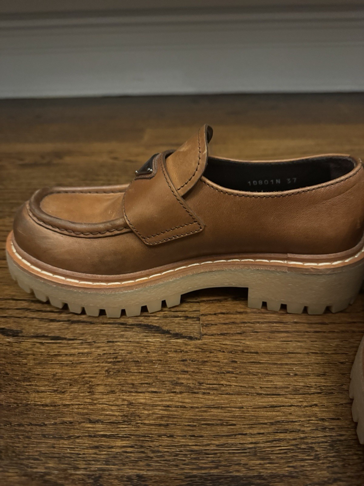 PRADA Brown Leather Slip-On Loafers Logo Round Toe EU 37 US 7